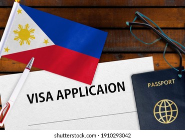 Flag of Philippines, visa application form and passport on table