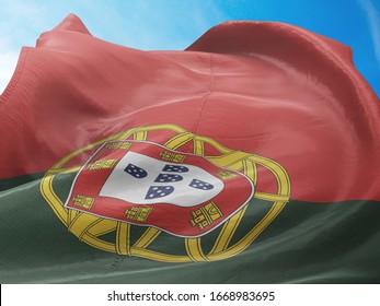Flag of Portugal on Flag Pole in Blue Sky. Portugal Flag for advertising, celebration, achievement, festival, election. The symbol of the state on wavy cotton fabric.