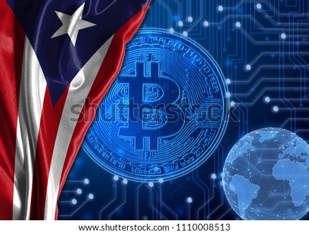Flag of Puerto Rico against the background of crypto currency bitcoin.