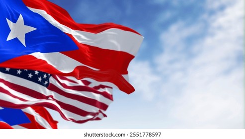 Flag of Puerto Rico waving with the United States flag on a clear day. Puerto Rico is a Caribbean island and unincorporated territory of the United States. 3D illustration render. Rippling fabric - Powered by Shutterstock