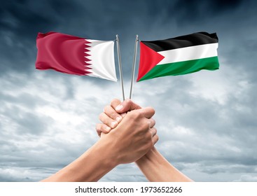 Flag Of Qatar And Palestine, Allies And Friendly Countries, Unity, Togetherness, Handshake, Support