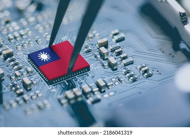 Flag of the Republic of China or Taiwan on a processor, CPU Central processing Unit or GPU microchip on a motherboard. Taiwan manufacturing chip industry emerges as battlefront in US - China showdown. - Shutterstock ID 2186041319