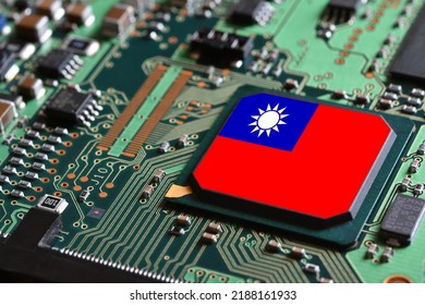 Flag of the Republic of China or Taiwan on semiconductor chip or microchip on a motherboard. Taiwan manufacturing chip industry battle between US - China.