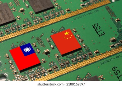 Flag of the Republic of China and Taiwan on microchips over a DDR memory module for Computer. Taiwan manufacturing chip industry emerges as battlefront in U.S. - China showdown.