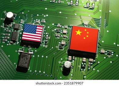 Flag of the Republic of China and the United States on microchips of a printed electronic board. Concept for world supremacy in microchip and semiconductor manufacturing.