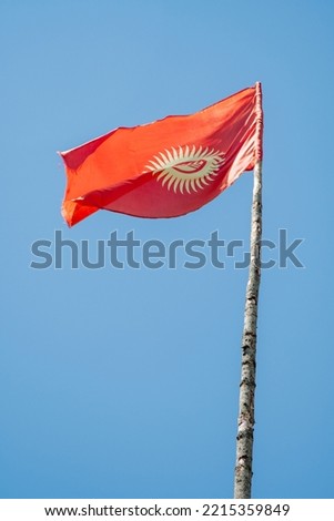 The flag of the Republic of Kyrgyzstan in the mountains.The red flag of the Republic of Kyrgyzstan against a blue cloudless sky on a wooden stick.