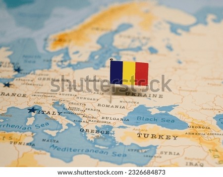 The Flag of Romania on the World Map.