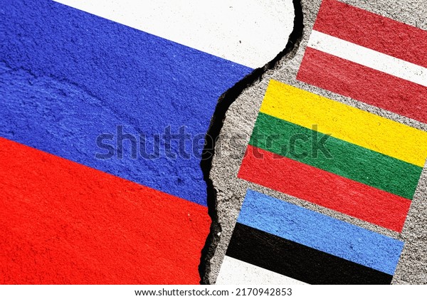 Flag of Russia and the Baltic countries - Latvia,\
Lithuania, Estonia - on a cracked stucco wall as a concept of\
conflict and threats