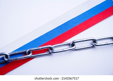 Flag of Russia and a chain with a lock. Country blocking. Prohibited. The imposition of sanctions. Closed territory.