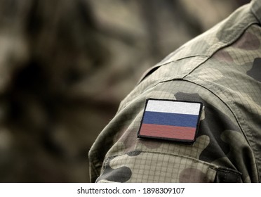 Flag Of Russia On Military Uniform. Army, Troops, Soldiers. Collage.