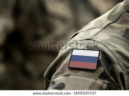 Flag of Russia on military uniform. Army, troops, soldiers. Collage.
