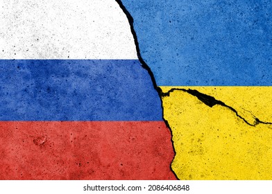 Flag of Russia and Ukraine painted on a concrete wall. Relationship between Ukraine and Russia - Shutterstock ID 2086406848