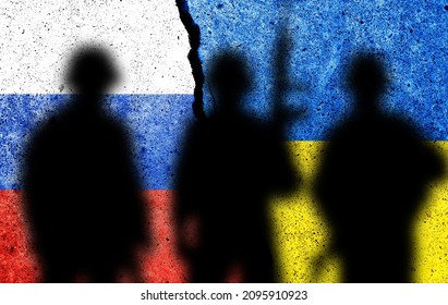 Flag of Russia and Ukraine painted on a concrete wall with soldiers shadows. Relationship between Ukraine and Russia