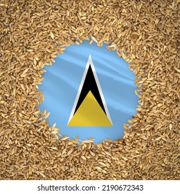 Flag Of Saint Lucia With Grains Of Wheat. Natural Whole Wheat Concept With Flag Of Saint Lucia