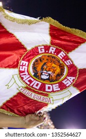 Flag Of Samba School Beija Flor Rio De Janeiro, Brazil - February 24, 2019: Flag Of Samba School Estácio De Sá During An Event In Rio De Janeiro.