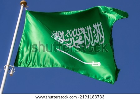 Flag of Saudi Arabia. Close-up, perfect for news. Translation of the text 