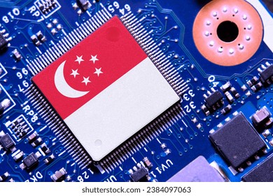 Flag of Singapore on a processor, CPU Central processing Unit or GPU microchip on a motherboard. Semiconductor industry