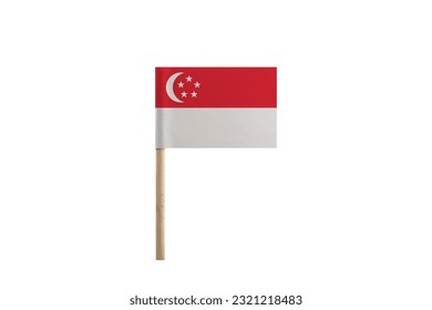 The Flag of Singapore with Wooden Pole on White Background