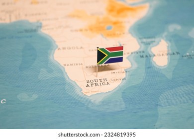 The Flag of South Africa on the World Map.