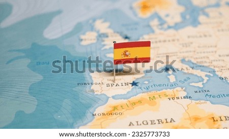 The Flag of Spain on the World Map.