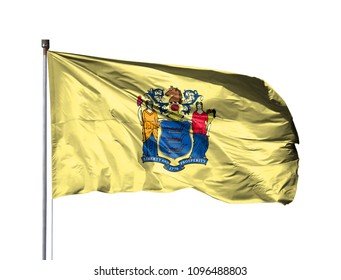 flag of State of New Jersey on a flagpole, isolated on white background