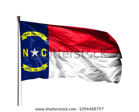 flag of State of North Carolina on a flagpole, isolated on white background