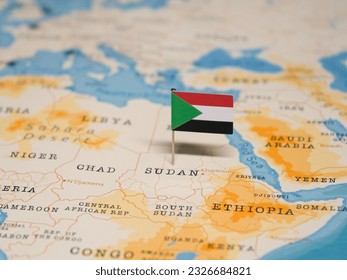 The Flag of Sudan on the World Map.