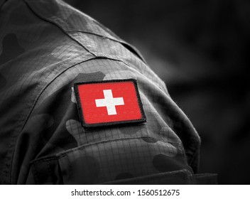 Flag Of Switzerland On Military Uniform. Swiss Flag On Soldiers Arm. Armed Forces, Army. Collage.