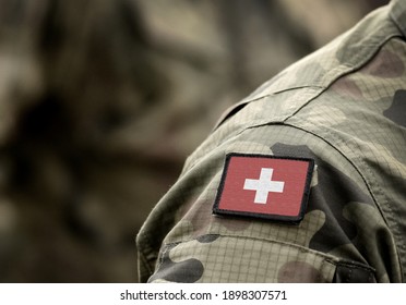 Flag Of Switzerland On Military Uniform. Swiss Flag On Soldiers Arm. Armed Forces, Army. Collage.