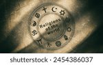 Flag with symbols of various world religions engraved on beige textured fabric with dirty and old ripples