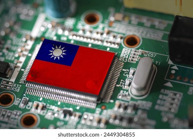 Flag of Taiwan on a processor, CPU Central processing Unit or GPU microchip on a motherboard. Semiconductor industry