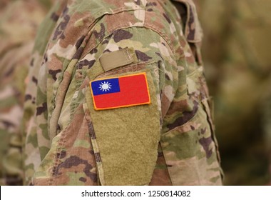 Flag Of Taiwan On Soldiers Arm. Flag Of Taiwan On Military Uniforms (collage).