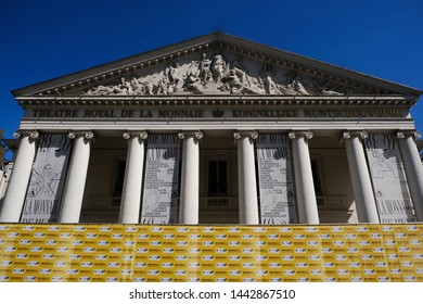 A Flag With The Tour De France Logo Hanging At The Royal Theatre Of Brussels ,Belgium On July 4, 2019.