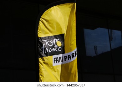 A Flag With The Tour De France Logo Hanging At The Grand-Place - Grote Markt Square In Brussels ,Belgium On July 4, 2019.