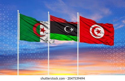 Flag Of Tunisia, Libya And Algeria. Three Countries Of The Moroccan Union