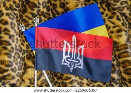 Flag of Ukraine and Flag of the Organization of Ukrainian Nationalists. The flag consists of two colors: red and black. National symbols of the country. Kyiv, Kiev, Ukraine, Europe.