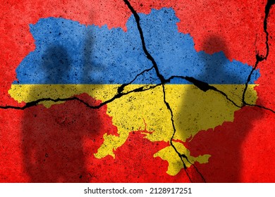 Flag Of Ukraine Painted On A Concrete Wall With Russian Soldiers. Relationship Between Ukraine And Russia. Military Occupation Of Ukraine By Russia