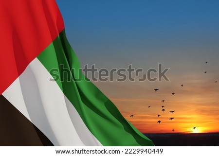 Flag of United Arab Emirates on background of sunset sky with flying birds. UAE celebration. National day, Flag day, Commemoration day, Martyrs day.