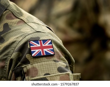 Flag of United Kingdom on military uniform. UK Army. British Armed Forces, soldiers. Collage.