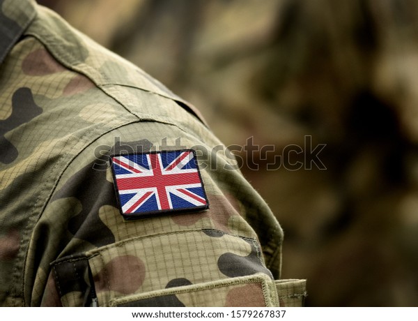 Flag of United Kingdom on\
military uniform. UK Army. British Armed Forces, soldiers.\
Collage.