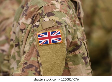 Flag of United Kingdom on soldiers arm. Flag of UK on military uniforms (collage). - Shutterstock ID 1250814076