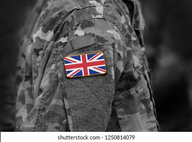 Flag of United Kingdom on soldiers arm. Flag of UK on military uniforms (collage). - Shutterstock ID 1250814079