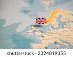 The Flag of United Kingdom on the World Map.
