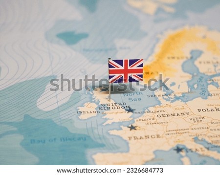 The Flag of United Kingdom on the World Map.