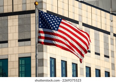 The flag of the United States of America flies on a flagpole outside the embassy in Kyiv, Ukraine. February 2023