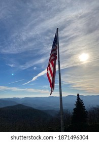 The Flag Of The United States Of America Standing On Top Of The Highest Mountain Point In Georgia Called Brasstown Bald. Chattahoochee Oconee National Forest. USA.