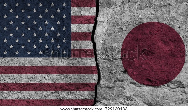 flag\
of the United states and Japan painted on wall divided with crack ,\
conflict / relations of USA and Japan , war\
concept
