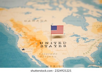 The Flag of United States on the World Map. - Shutterstock ID 2324921221