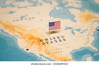 The Flag of United States on the World Map. - Shutterstock ID 2328289321