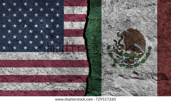 flag of United\
states and painted on wall divided with crack , USA vs Mexico ,\
conflict relations , war\
concept